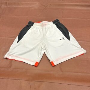 Under Armour Men’s White Athletic Shorts with Black Panels and Orange Accents